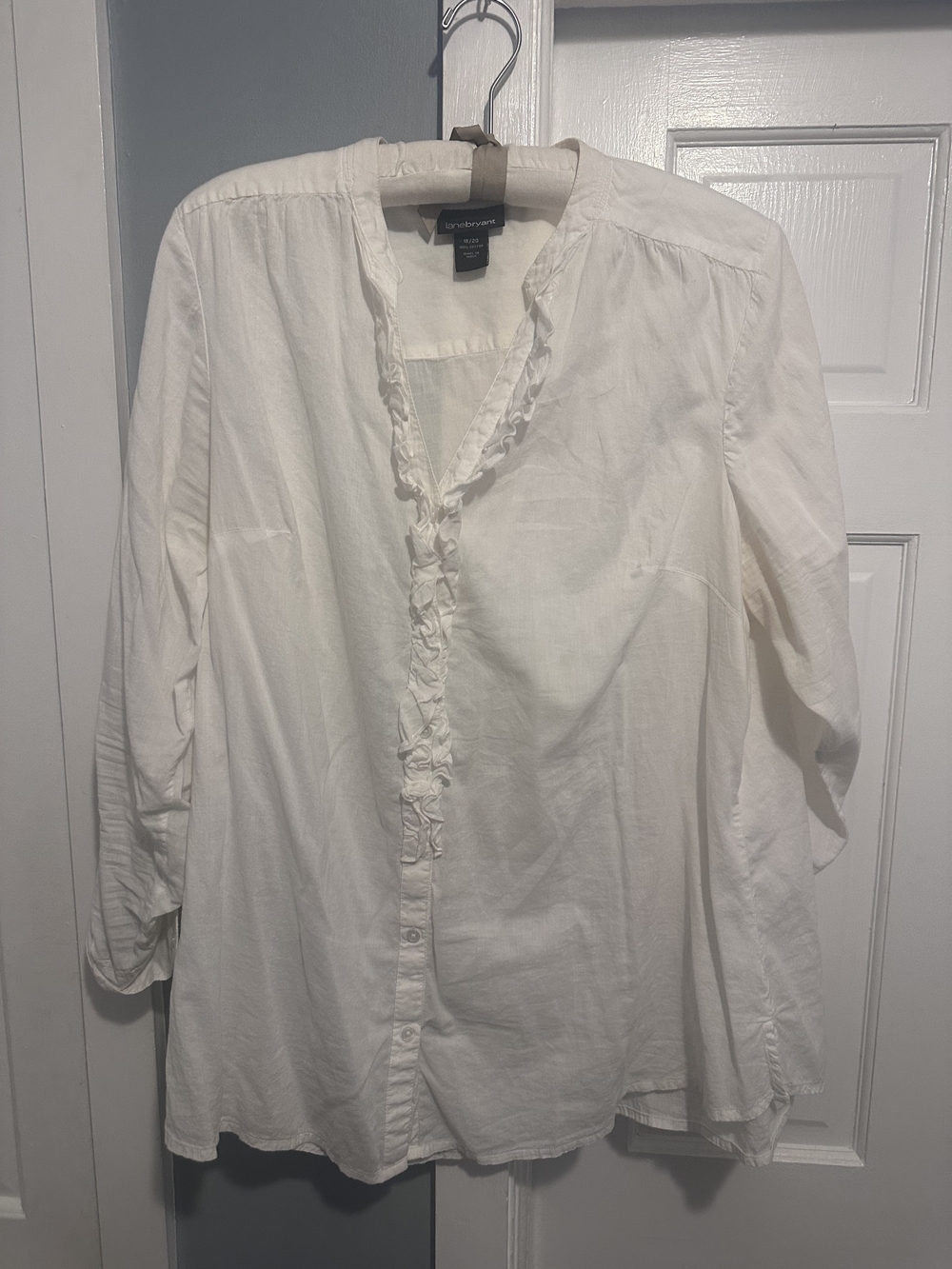 Lane Bryant White Ruffle-Front Button Down Shirt
